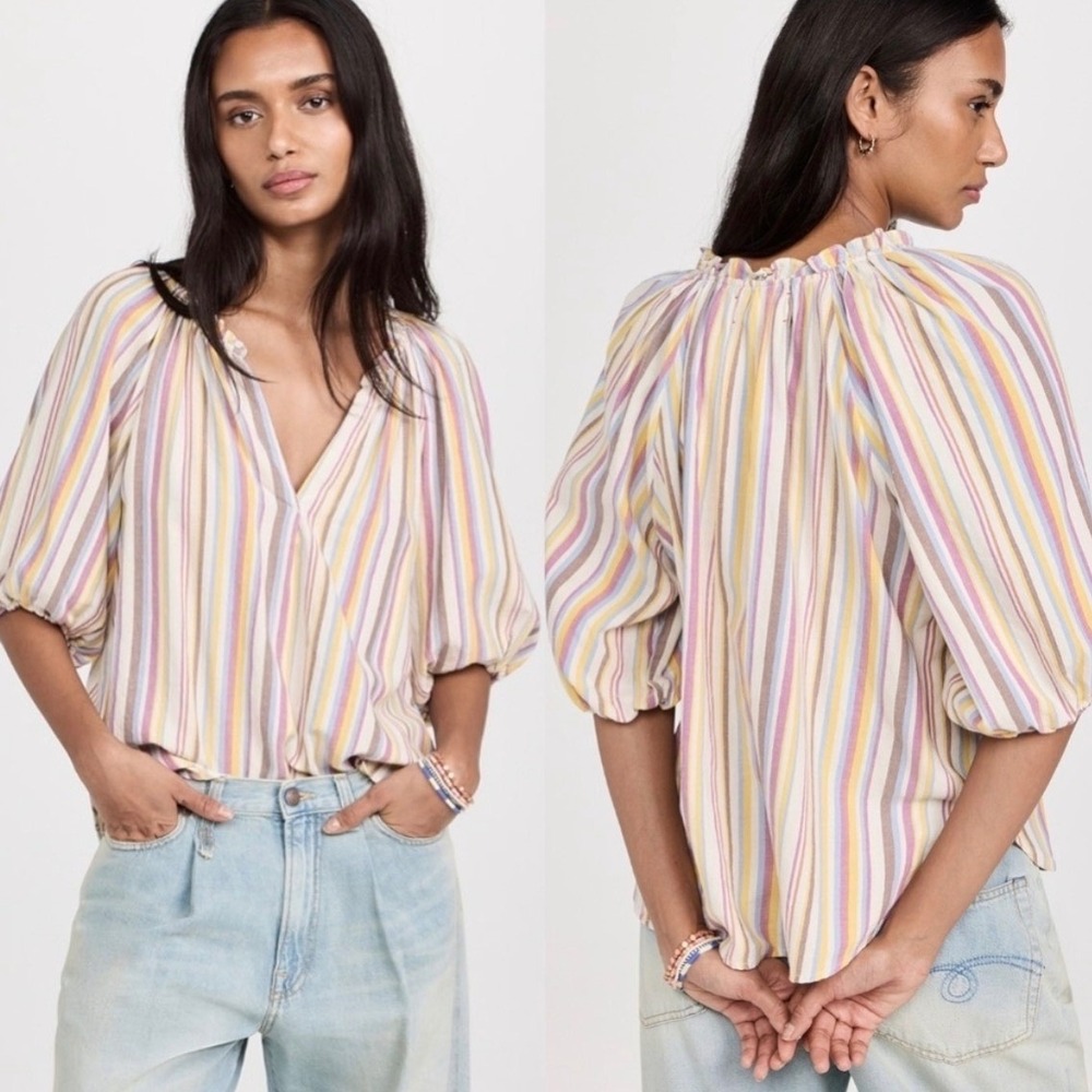 Xirena Jules Stripe Cotton V Neck Top Sunshade Multi Color Size M